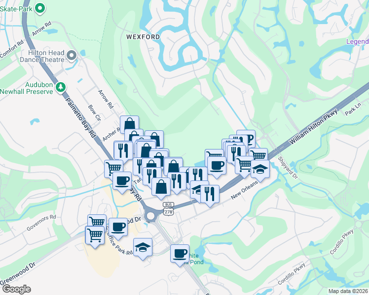 map of restaurants, bars, coffee shops, grocery stores, and more near 133 Arrow Road in Hilton Head Island