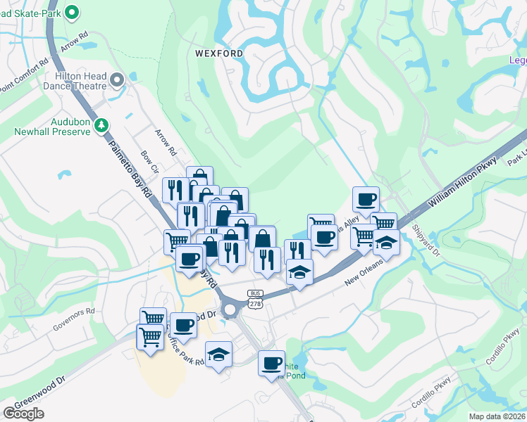 map of restaurants, bars, coffee shops, grocery stores, and more near 119 Arrow Road in Hilton Head Island