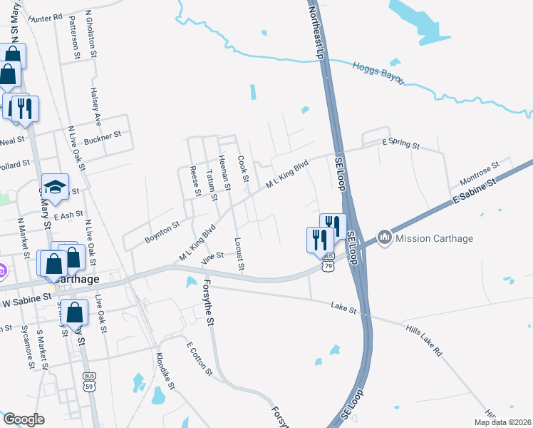 map of restaurants, bars, coffee shops, grocery stores, and more near 905 Sanders Street in Carthage