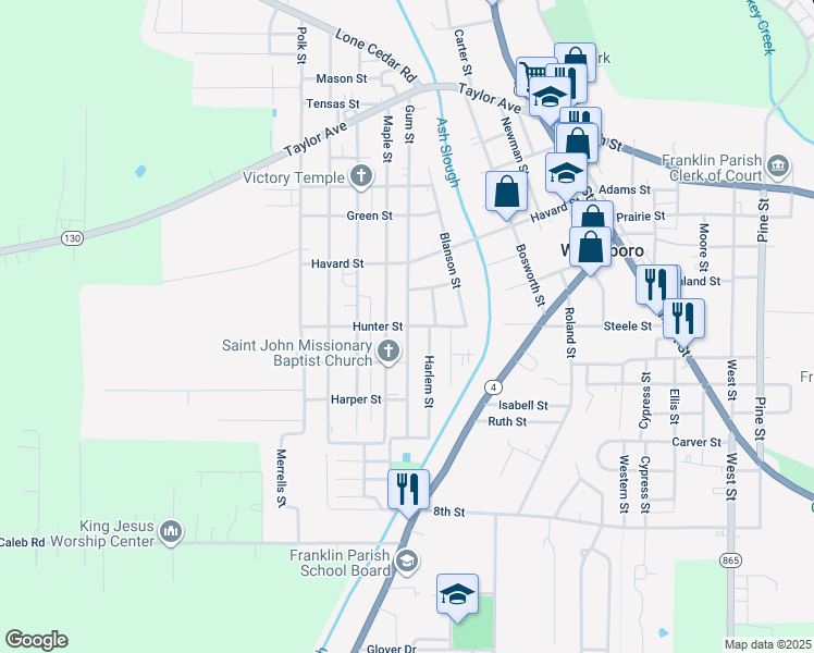 map of restaurants, bars, coffee shops, grocery stores, and more near 1501 Gum Street in Winnsboro