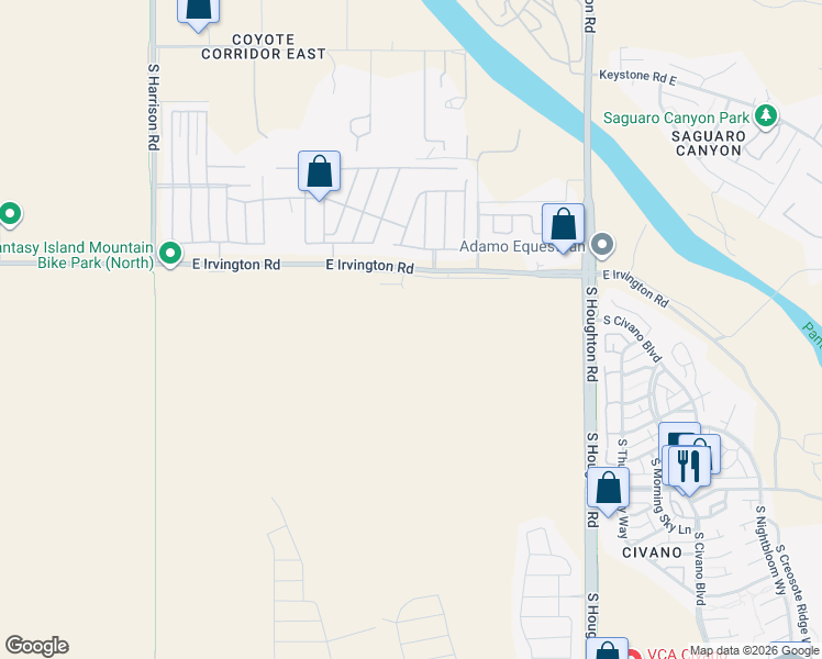 map of restaurants, bars, coffee shops, grocery stores, and more near 9900 East Irvington Road in Tucson