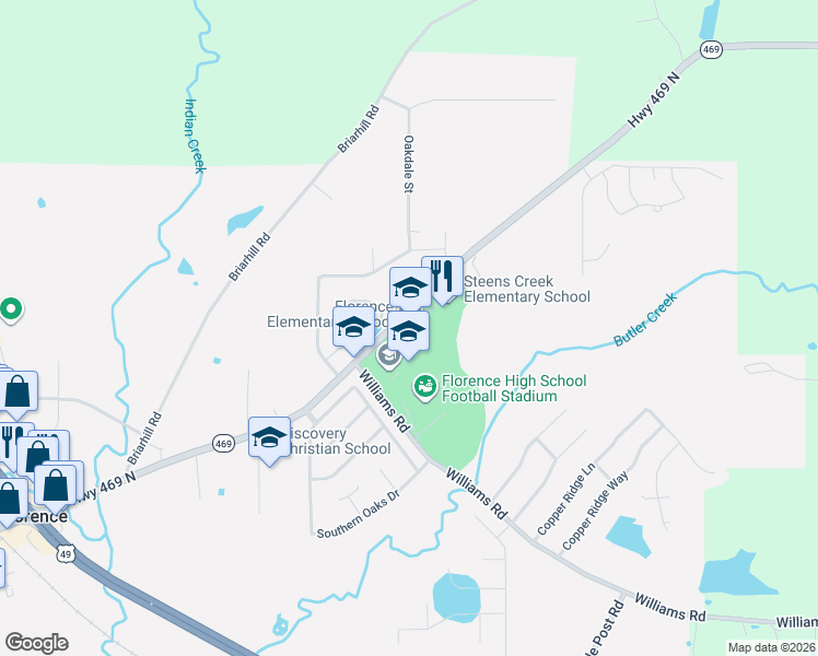 map of restaurants, bars, coffee shops, grocery stores, and more near 232 Mississippi 469 in Florence
