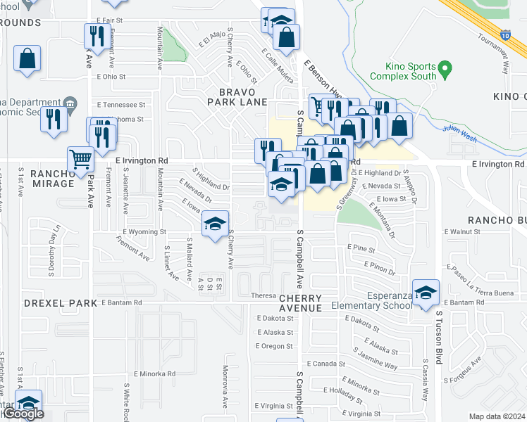 map of restaurants, bars, coffee shops, grocery stores, and more near 1738 East Nevada Street in Tucson