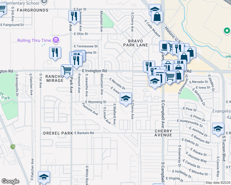 map of restaurants, bars, coffee shops, grocery stores, and more near 1347 East Wyoming Street in Tucson