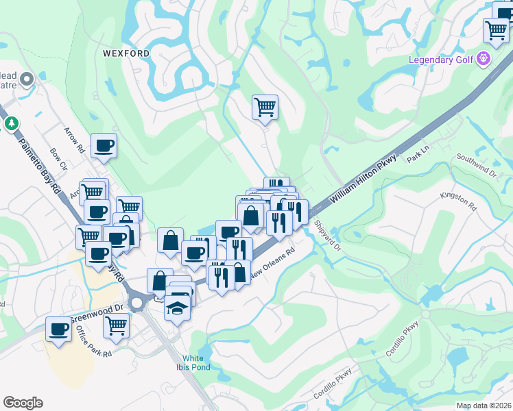 map of restaurants, bars, coffee shops, grocery stores, and more near 131 Dunnigans Alley in Hilton Head Island
