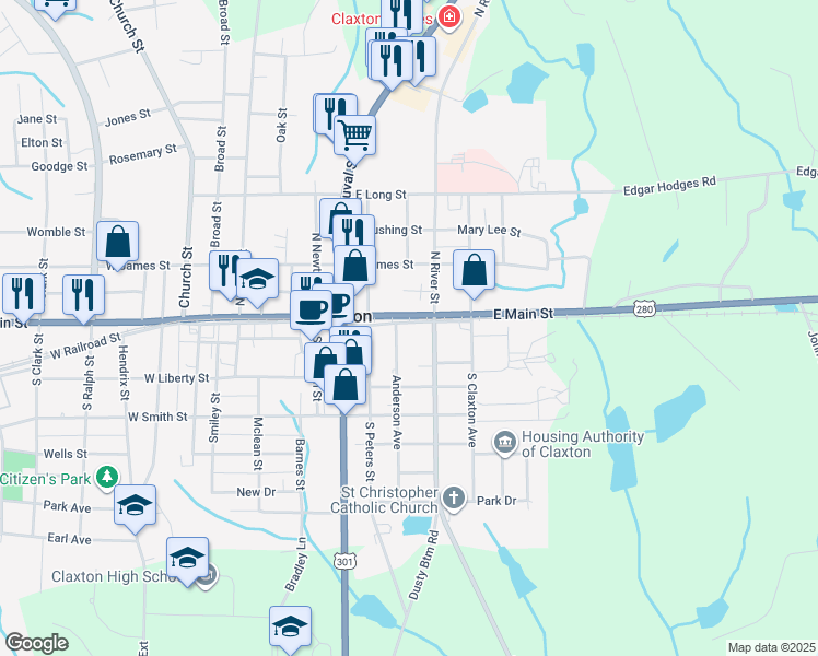 map of restaurants, bars, coffee shops, grocery stores, and more near 303 East Railroad Street in Claxton