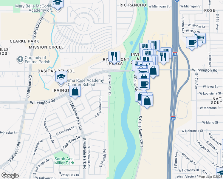 map of restaurants, bars, coffee shops, grocery stores, and more near 4986 South River Run Drive in Tucson