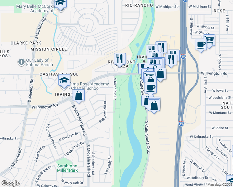 map of restaurants, bars, coffee shops, grocery stores, and more near 4986 South River Run Drive in Tucson