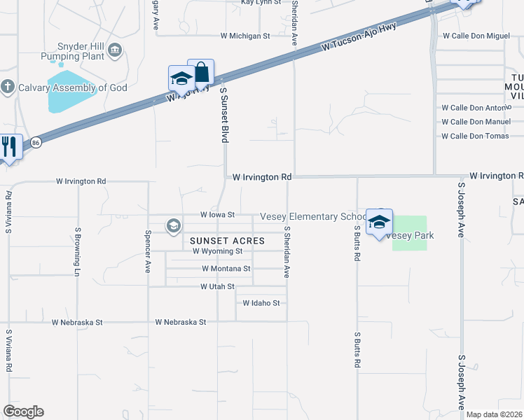 map of restaurants, bars, coffee shops, grocery stores, and more near 5503 West Irvington Road in Tucson