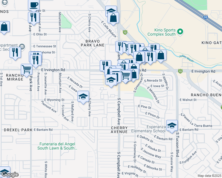 map of restaurants, bars, coffee shops, grocery stores, and more near 5040 South Campbell Avenue in Tucson