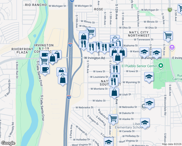 map of restaurants, bars, coffee shops, grocery stores, and more near 840 West Iowa Street in Tucson