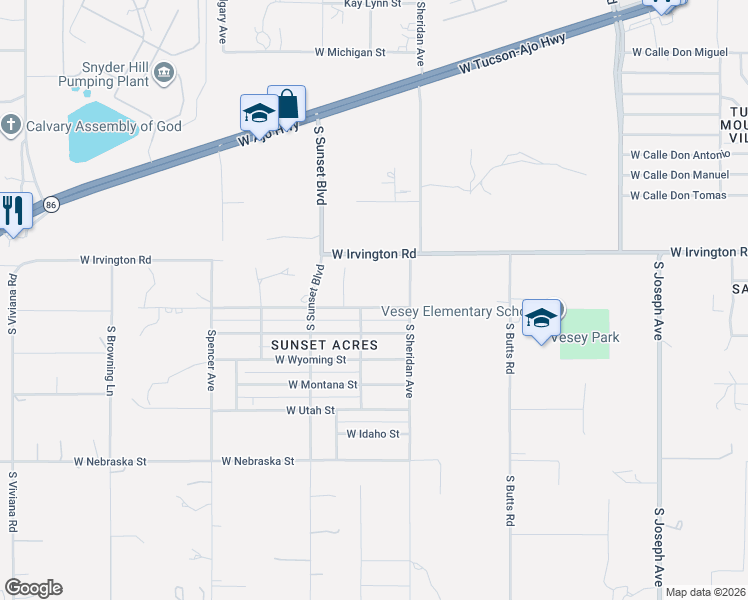map of restaurants, bars, coffee shops, grocery stores, and more near 5503 West Irvington Road in Tucson