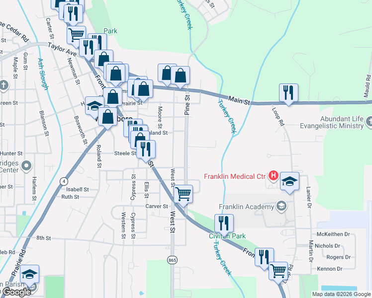 map of restaurants, bars, coffee shops, grocery stores, and more near 1762-1798 Pine Street in Winnsboro