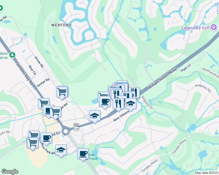map of restaurants, bars, coffee shops, grocery stores, and more near 27 Oxford Drive in Hilton Head Island