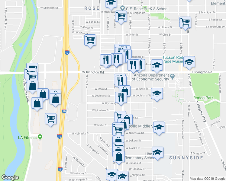 map of restaurants, bars, coffee shops, grocery stores, and more near 701 West Iowa Street in Tucson