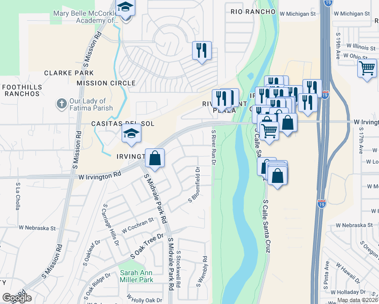 map of restaurants, bars, coffee shops, grocery stores, and more near 1503 West Bagpipe Drive in Tucson