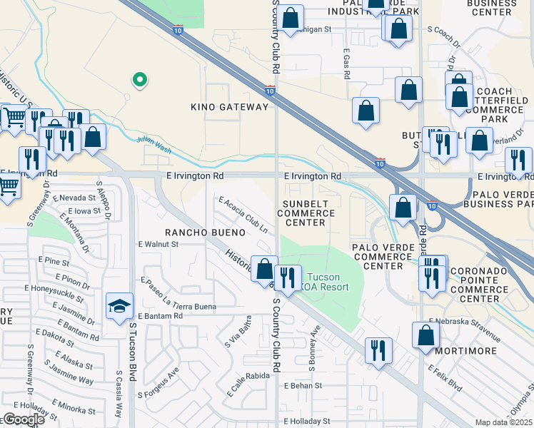 map of restaurants, bars, coffee shops, grocery stores, and more near 5000 South Country Club Road in Tucson