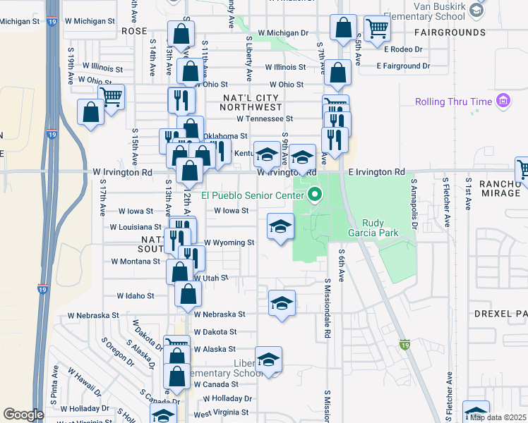 map of restaurants, bars, coffee shops, grocery stores, and more near 500 Crosswalk in Tucson