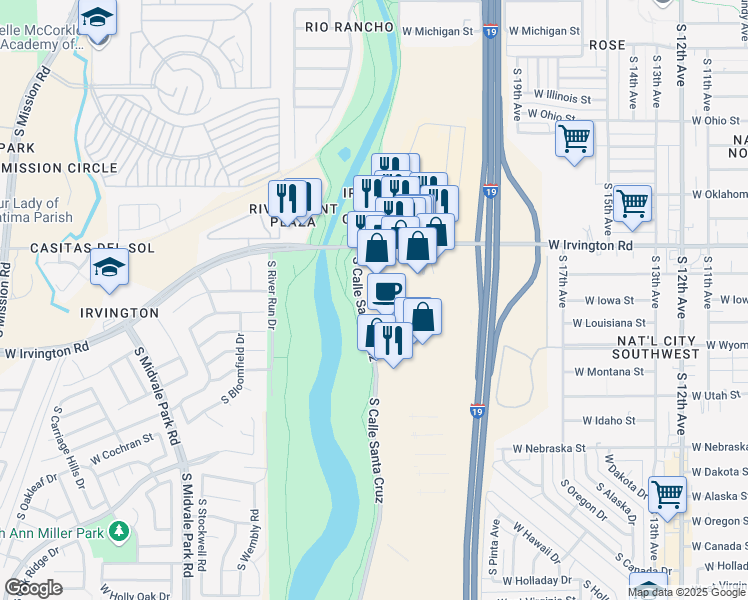 map of restaurants, bars, coffee shops, grocery stores, and more near 1225 West Irvington Road in Tucson