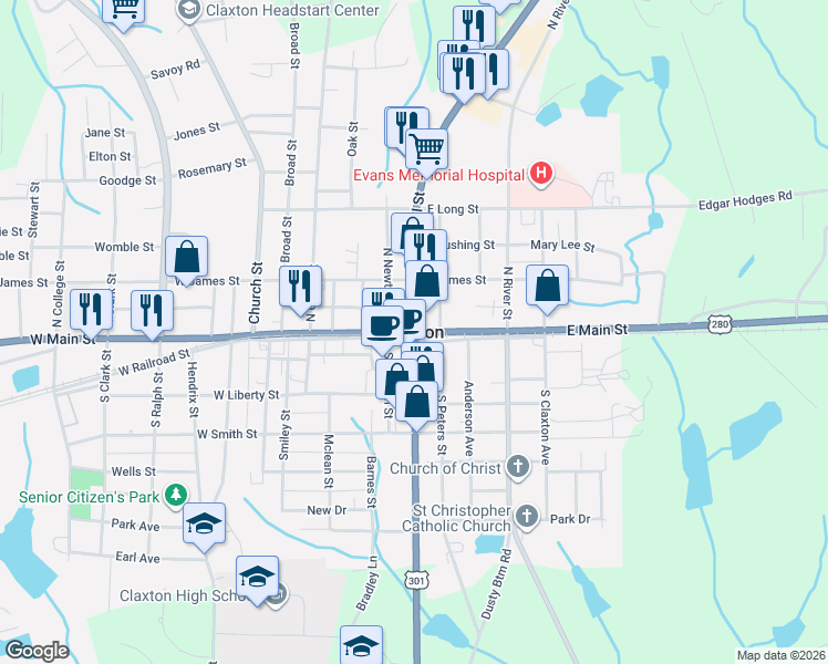 map of restaurants, bars, coffee shops, grocery stores, and more near in Claxton
