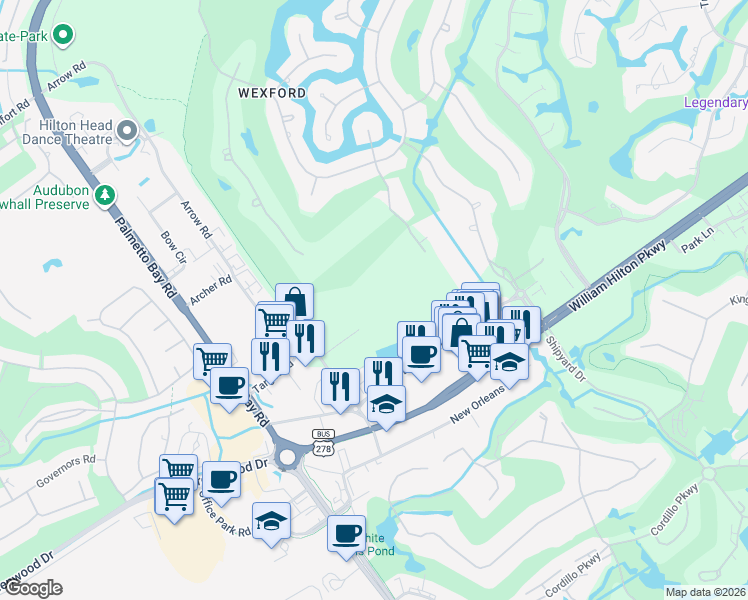 map of restaurants, bars, coffee shops, grocery stores, and more near 34 Oxford Drive in Hilton Head Island