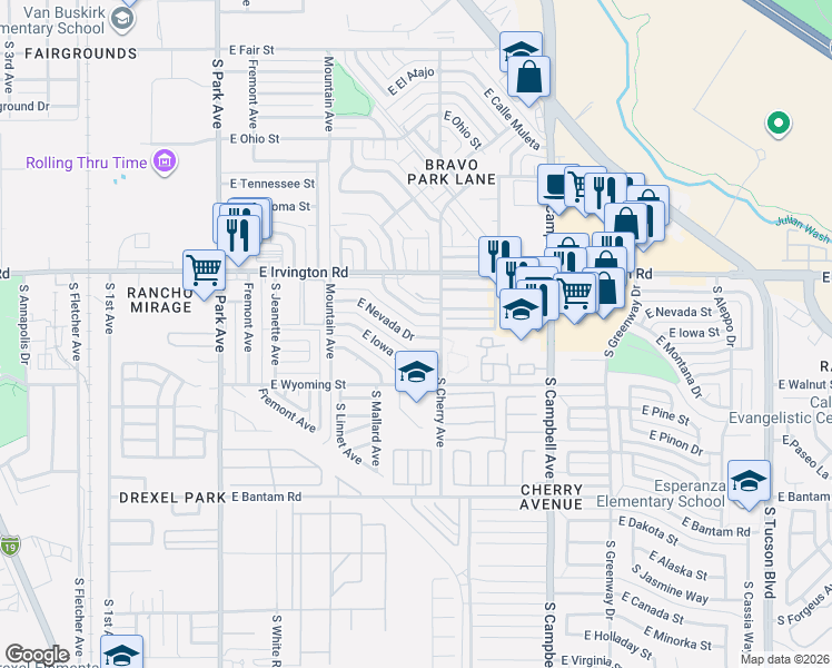 map of restaurants, bars, coffee shops, grocery stores, and more near 1435 East Nevada Drive in Tucson