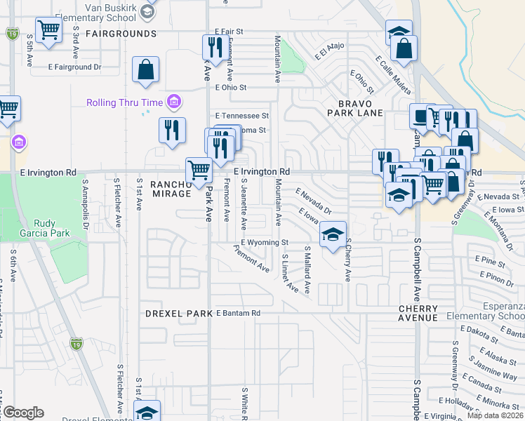 map of restaurants, bars, coffee shops, grocery stores, and more near 1121 East Garden Loop in Tucson