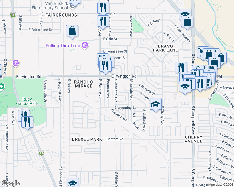 map of restaurants, bars, coffee shops, grocery stores, and more near 1121 East Garden Loop in Tucson