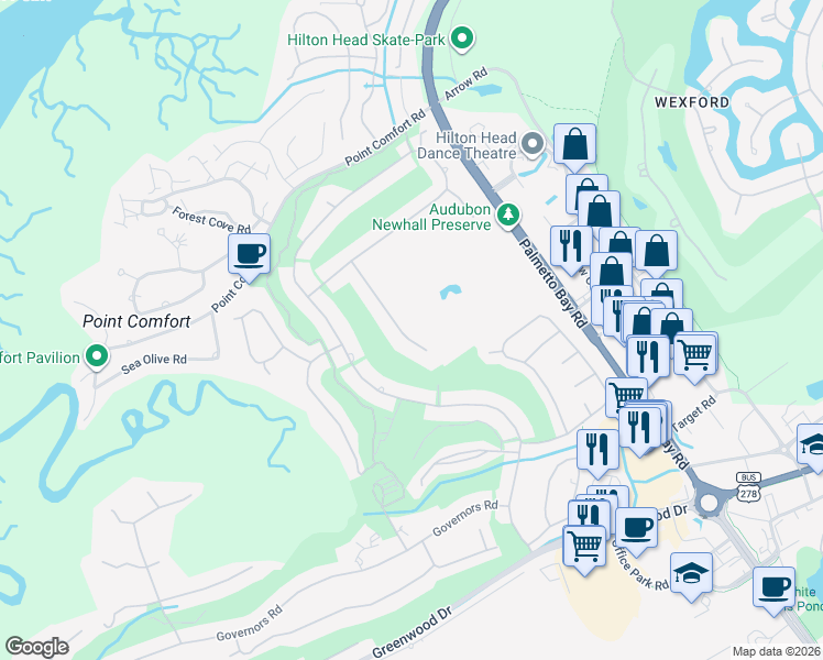 map of restaurants, bars, coffee shops, grocery stores, and more near 16 Newhall Road in Hilton Head Island