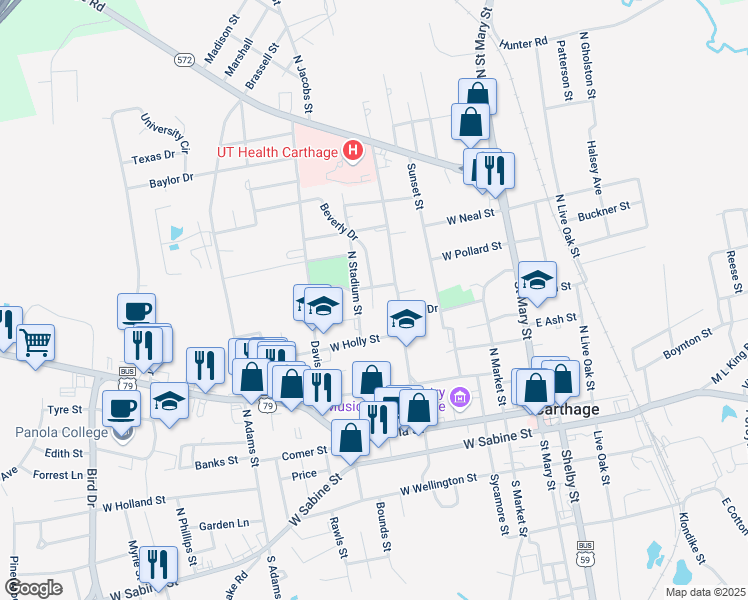 map of restaurants, bars, coffee shops, grocery stores, and more near 411 West Hill Street in Carthage