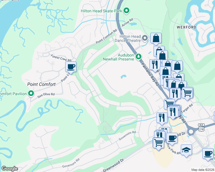 map of restaurants, bars, coffee shops, grocery stores, and more near 16 Newhall Road in Hilton Head Island