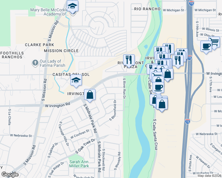 map of restaurants, bars, coffee shops, grocery stores, and more near 1503 West Bagpipe Drive in Tucson