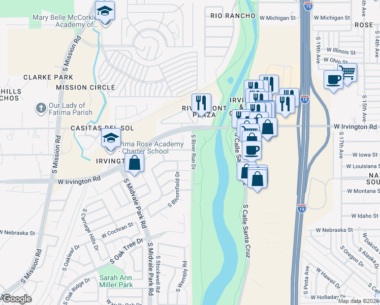 map of restaurants, bars, coffee shops, grocery stores, and more near 4986 South River Run Drive in Tucson