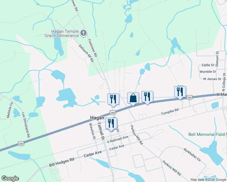map of restaurants, bars, coffee shops, grocery stores, and more near 643 Hodges Street in Claxton