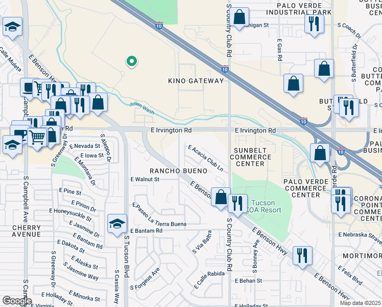 map of restaurants, bars, coffee shops, grocery stores, and more near 2861 E Cottonwood Club Ln in Tucson