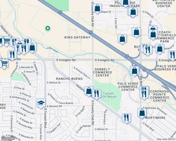 map of restaurants, bars, coffee shops, grocery stores, and more near 5000 South Country Club Road in Tucson