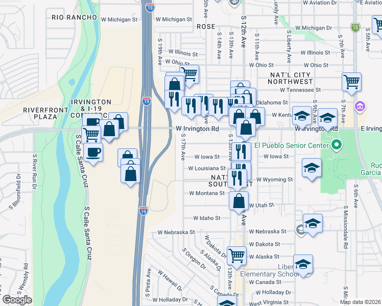 map of restaurants, bars, coffee shops, grocery stores, and more near 840 West Iowa Street in Tucson