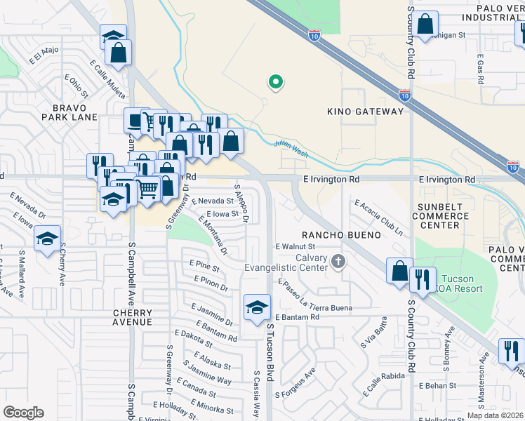map of restaurants, bars, coffee shops, grocery stores, and more near 5001 South Cassia Way in Tucson