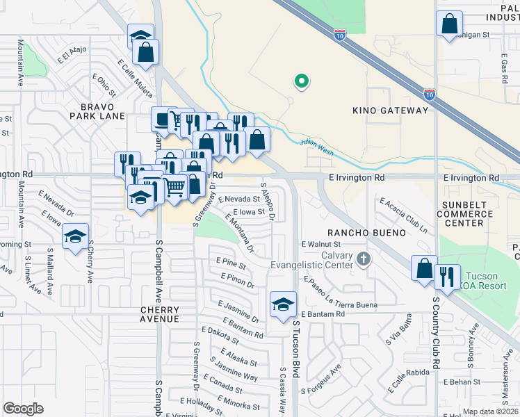 map of restaurants, bars, coffee shops, grocery stores, and more near 2315 East Iowa Street in Tucson