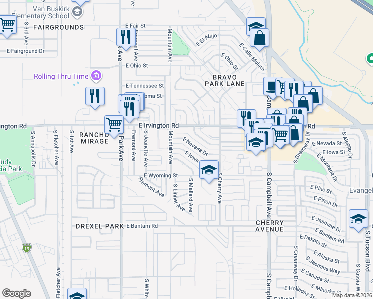 map of restaurants, bars, coffee shops, grocery stores, and more near 1401 East Iowa Drive in Tucson