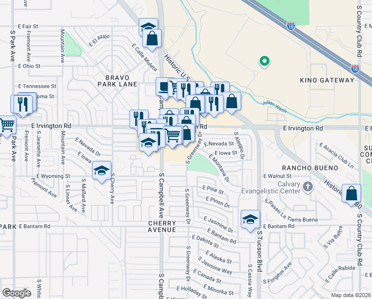 map of restaurants, bars, coffee shops, grocery stores, and more near 2004 East Irvington Road in Tucson