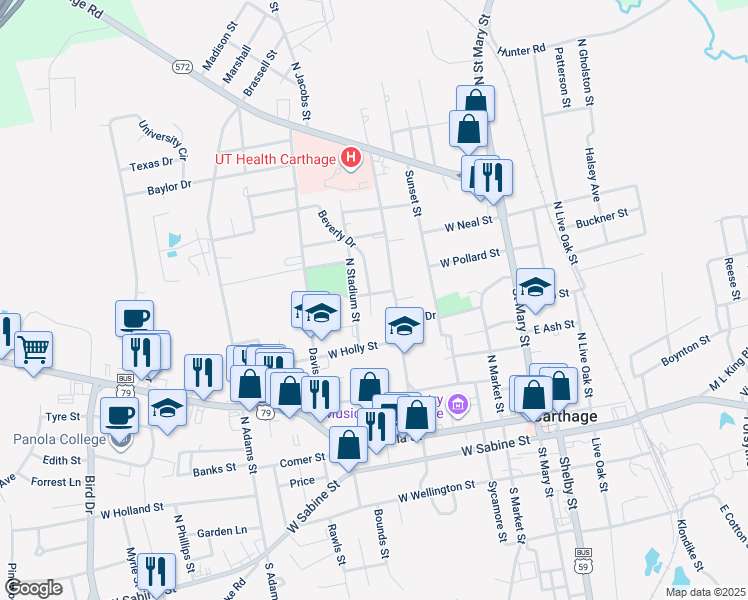 map of restaurants, bars, coffee shops, grocery stores, and more near 411 West Hill Street in Carthage