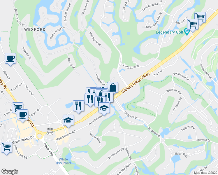 map of restaurants, bars, coffee shops, grocery stores, and more near 3 Town Center Court in Hilton Head Island