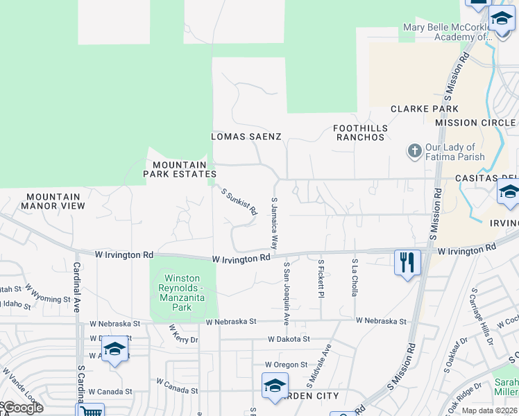map of restaurants, bars, coffee shops, grocery stores, and more near 5000 South Sunkist Road in Tucson