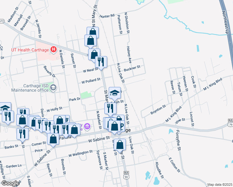 map of restaurants, bars, coffee shops, grocery stores, and more near 112 East Elm Street in Carthage