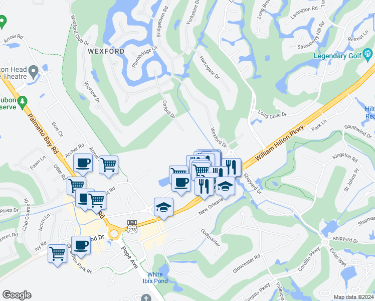 map of restaurants, bars, coffee shops, grocery stores, and more near 27 Oxford Drive in Hilton Head Island
