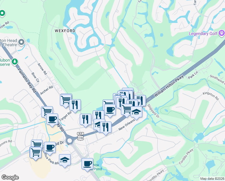 map of restaurants, bars, coffee shops, grocery stores, and more near 27 Oxford Drive in Hilton Head Island