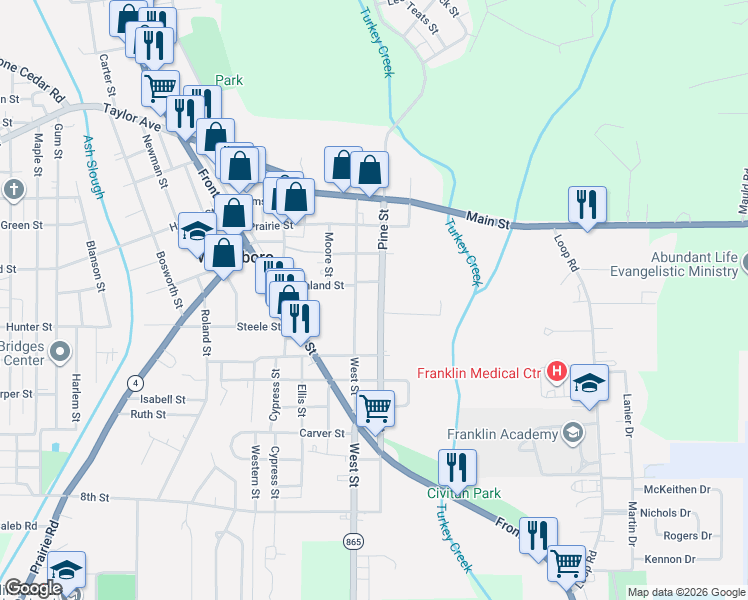 map of restaurants, bars, coffee shops, grocery stores, and more near 1762 Pine Street in Winnsboro