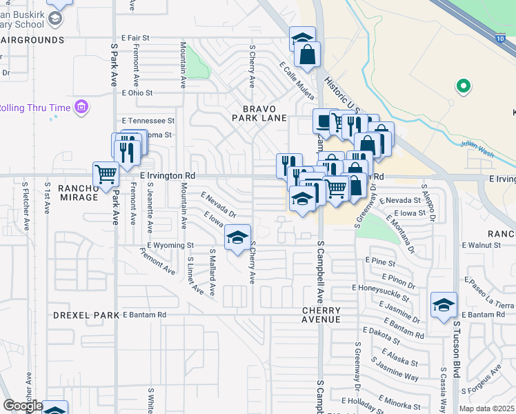 map of restaurants, bars, coffee shops, grocery stores, and more near 5073 South Cherry Avenue in Tucson