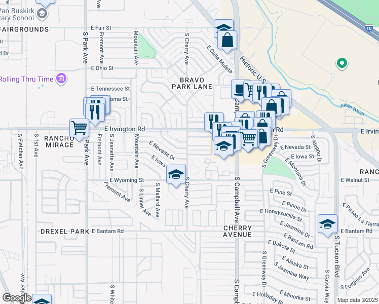 map of restaurants, bars, coffee shops, grocery stores, and more near 5073 South Cherry Avenue in Tucson